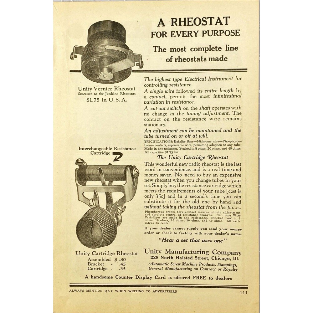Unity Manufacturing Co. Cartridge Rheostat "For Every Purpose" Vtg Print Ad 1923